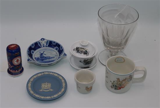 Five items of Doulton & Wedgwood nursery ware, sundry small ceramics and a panel-cut glass pedestal vase